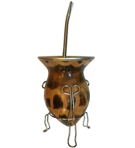 Cuia Desenhada com Bomba Cromada e Kit Suporte Chimarrao